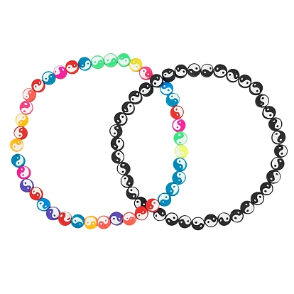 2 Strands 2 Styles Handmade Polymer Clay Beads Strand, DIY Accessories for Bracklet & Necklace Making, Flat Round with Taiji Pattern