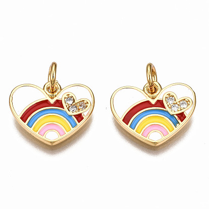 Breloques en émail avec zircone cubique et micro pavé en laiton, avec des anneaux de saut, sans nickel, cœur, réel 16 k plaqué or