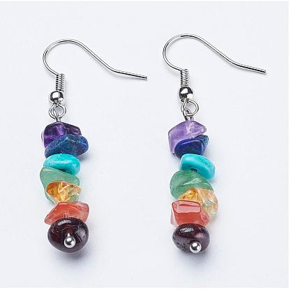 Natural & Synthetic Mixed Gemstone Dangle Earrings, with Brass Earring Hooks