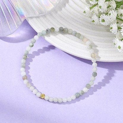 4MM Round Natural Myanmar Jade Stretch Braceltes, with Brass Round Beads, Golden