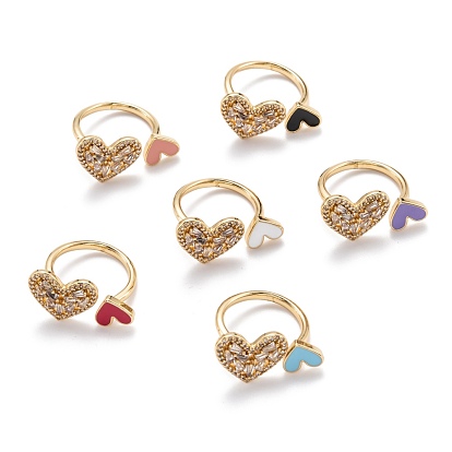 Latón micro pavé claro anillos de brazalete de circonio cúbico, anillos abiertos, con esmalte, corazón