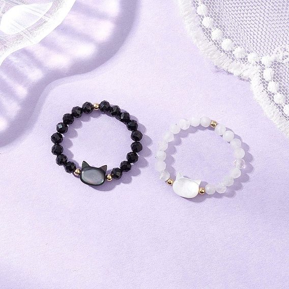 Кольца с бусинами из натурального радужного лунного камня и натурального черного турмалина, с натуральными бусинами из ракушек белого цвета и натурального черного цвета, латунными бусинами и эластичной хрустальной нитью