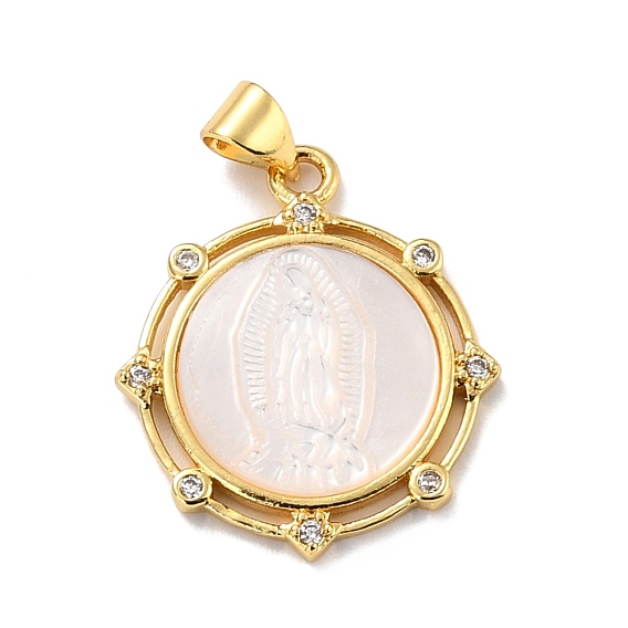 Eco-friendly Brass Micro Pave Clear Cubic Zirconia Pendants, with Natural Shell, Long-Lasting Plated, Real 18K Gold Plated, Cadmium Free & Lead Free, Hexagon