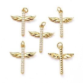 Brass Micro Pave Clear Cubic Zirconia Pendants, with Jump Ring, Long-Lasting Plated, Cross with Wing