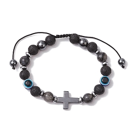 Gemstone Braided Bead Bracelets for Women Men, with Evil Eye Beads, Cross