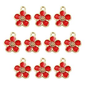 10Pcs Alloy Enamel Pendants, Flower Charms, Golden