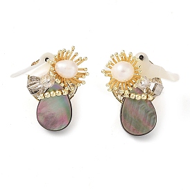 Natural Pearl Stud Earrings, Bird & Flower Brass Shell Jewelry for Women