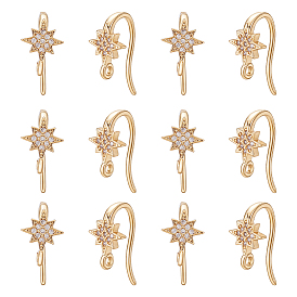 16 pièces de crochets d'oreilles en laiton sertis de micro-pavés de zircone cubique transparente en forme d'étoile