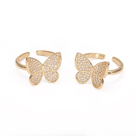 Adjustable Brass Micro Pave Clear Cubic Zirconia Cuff Rings, Open Rings, Long-Lasting Plated, Butterfly