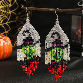 Halloween Style Ghost Face Glass Bead Tassel Earrings for Women