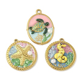 304 подвески из нержавеющей стали, круглые, с эмалью и жемчугом, реальный 18 k позолоченный, ионное покрытие (ip)