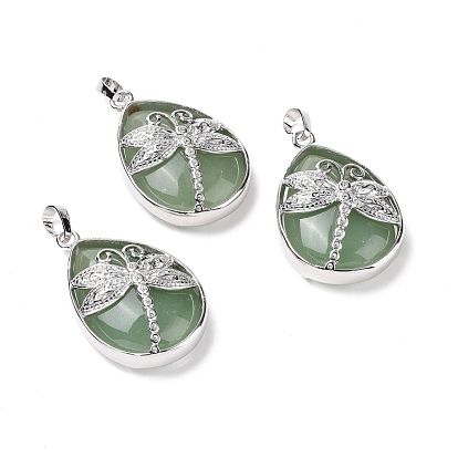 Gemstone Pendants, with Platinum Tone Brass Findings, Lead Free & Cadmium Free, Teardrop with Dragonfly Charms