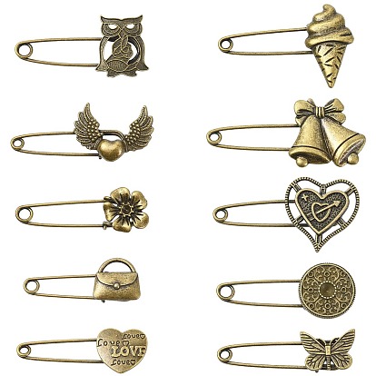 20 шт. 10 стили булавки для килта из сплава для рюкзака, античная бронза