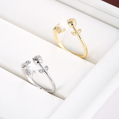 Anillos abiertos de latón con micropavé de circonitas cúbicas para mujer, flor