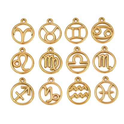 304 Stainless Steel Pendants, Round with Twelve Zodiac Signs Charms, Ion Plating(IP), Cut-Out, Golden