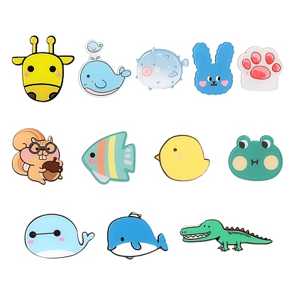 12Pcs 12 Style Acrylic Safety Brooches, with Iron Pin, Whale Shape & Giraffe & Chick & Claw Prints & Frog & Rabbit & Fish & Puffer & Dolphin & Squirrel & Crocodile