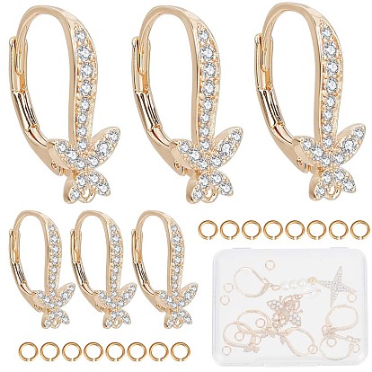6шт. латунная фурнитура для сережек с кубическим цирконием, с горизонтальными петлями, бабочка, без никеля , 12шт кольца прыжок