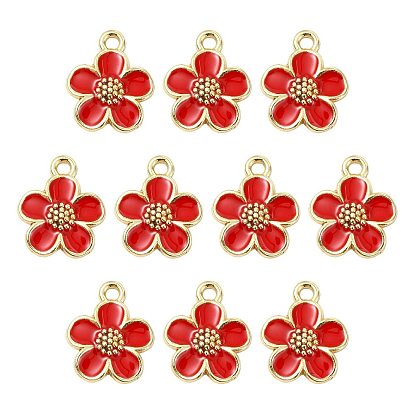 10Pcs Alloy Enamel Pendants, Flower Charms, Golden