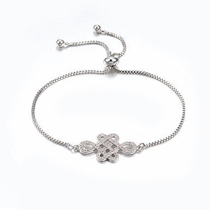 Регулируемые латунные браслеты из микропаве из циркония и боло, слайдерные браслеты, с латунной коробки цепей, Китайский узел