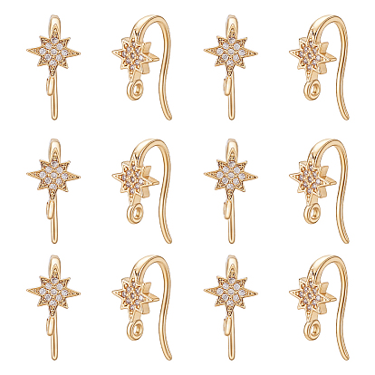 16 pièces de crochets d'oreilles en laiton sertis de micro-pavés de zircone cubique transparente en forme d'étoile