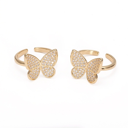 Adjustable Brass Micro Pave Clear Cubic Zirconia Cuff Rings, Open Rings, Long-Lasting Plated, Butterfly
