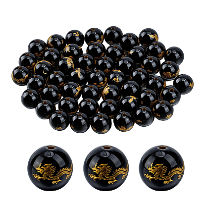 50 шт. бусин натурального черного оникса (окрашенных и нагретых), круглый с узором золотого дракона