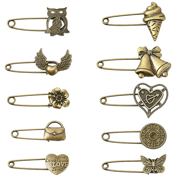 20 шт. 10 стили булавки для килта из сплава для рюкзака, античная бронза