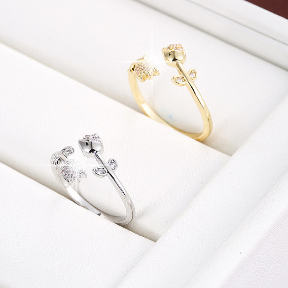 Brass Micro Pave Cubic Zirconia Cuff Open Rings for Women, Flower