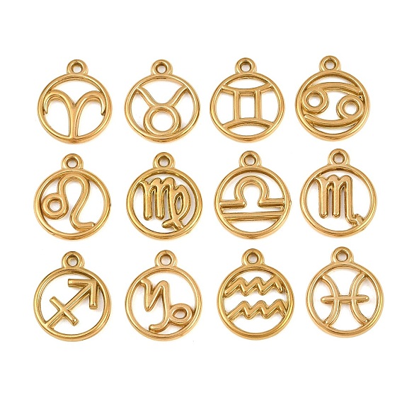 304 Stainless Steel Pendants, Round with Twelve Zodiac Signs Charms, Ion Plating(IP), Cut-Out, Golden