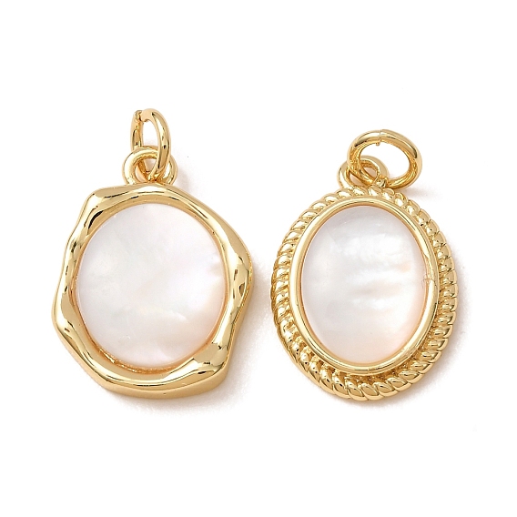 Brass & Natural White Shell Pendants, Oval Charm, Long-Lasting Plated, Cadmium Free & Lead Free