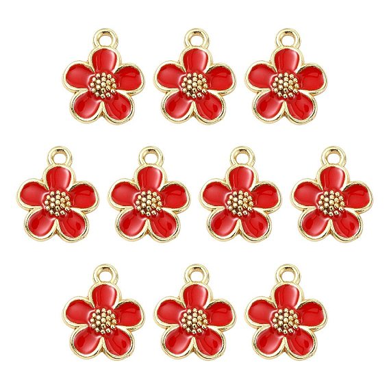 10Pcs Alloy Enamel Pendants, Flower Charms, Golden