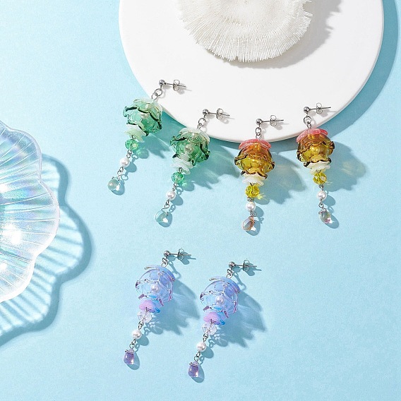 3 пары медуз 304 серьги-гвоздики с подвесками из ракушек и жемчуга из нержавеющей стали, со стеклянными бусинами и акриловыми бусинами, цвет нержавеющей стали