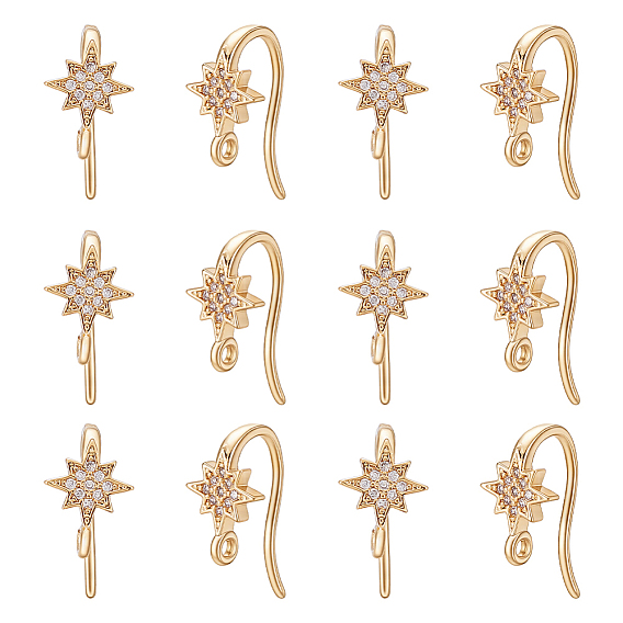 16Pcs Brass Micro Pave Clear Cubic Zirconia Star Earring Hooks
