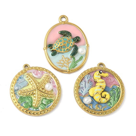 304 подвески из нержавеющей стали, круглые, с эмалью и жемчугом, реальный 18 k позолоченный, ионное покрытие (ip)