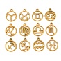 304 Stainless Steel Pendants, Round with Twelve Zodiac Signs Charms, Ion Plating(IP), Cut-Out, Golden