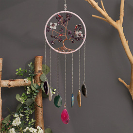 Подвеска в виде дерева жизни из натуральной аметистовой крошки, обмотанной латунной проволокой, кисточка из натурального агата для украшения дома