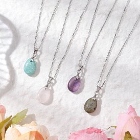 4 шт. 4 стили ожерелья с подвесками в форме капли из натурального лабрадорита, амазонита, розового кварца и аметиста, 304 ожерелья-цепочки из нержавеющей стали для женщин, цвет нержавеющей стали