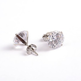 Flat Round  Cubic Zirconia Stud Earrings, with 304 Stainless Steel Pins