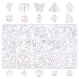 310Pcs 15 Style Transparent Electroplate Glass Beads Strands, AB Color Plated, Clear AB, Flat Round & Flower & Heart & Butterfly & Leaf & Nuggets