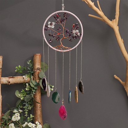 Подвеска в виде дерева жизни из натуральной аметистовой крошки, обмотанной латунной проволокой, кисточка из натурального агата для украшения дома