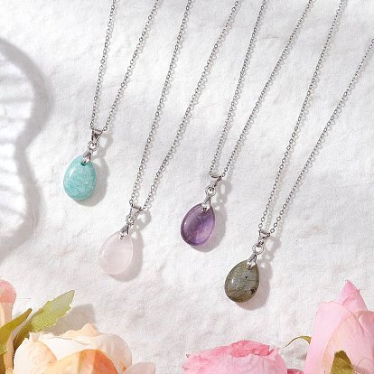 4 шт. 4 стили ожерелья с подвесками в форме капли из натурального лабрадорита, амазонита, розового кварца и аметиста, 304 ожерелья-цепочки из нержавеющей стали для женщин, цвет нержавеющей стали
