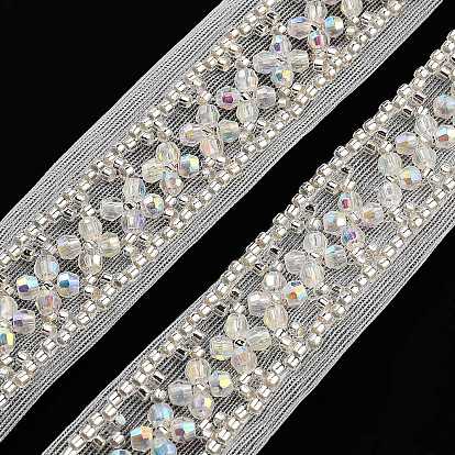 Polyester Flower Lace Trims, with ABS Imitation Pearl Beads and Glass