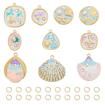 10Pcs 10 Styles Ocean Theme 304 Stainless Steel Enamel Pendants, Golden, with 20Pcs Jump Ring