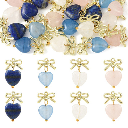 20Pcs 4 Styles Natural Rose Quartz & Aquamarine & Quartz Crystal & Lapis Lazuli Pendants, Heart Charms with Alloy Bowknot