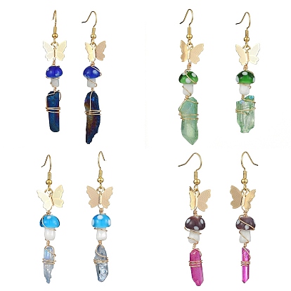 4 Pairs 4 Color Dyed Natural Quartz Crystal Nugget & Mushroom Lampwork Dangle Earrings, Golden Brass Butterfly Long Drop Earrings