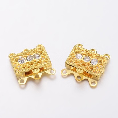 Brass Filigree Box Clasps, with Rhinestone, Rectangle