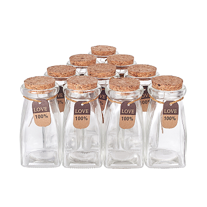 Glasflasche, mit Korken & Anhänger, Ich wünsche eine Flasche, Viereck, mit Juteschnur, 3 Lagen, für Schmuck machen