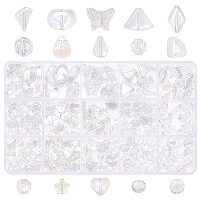 310Pcs 15 Style Transparent Electroplate Glass Beads Strands, AB Color Plated, Clear AB, Flat Round & Flower & Heart & Butterfly & Leaf & Nuggets
