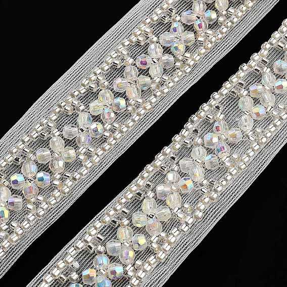 Garnitures de dentelle de fleur de polyester, avec abs perles de perles d'imitation et de verre