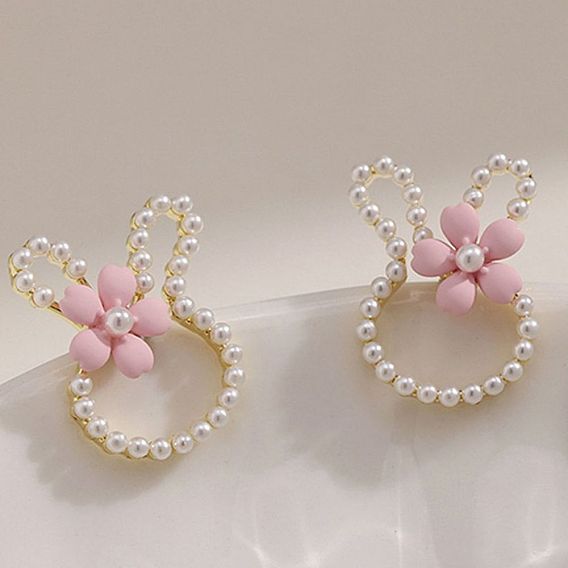 Alloy Imitation Pearl Plastic Rabbit & Flower Stud Earrings for Women, Golden